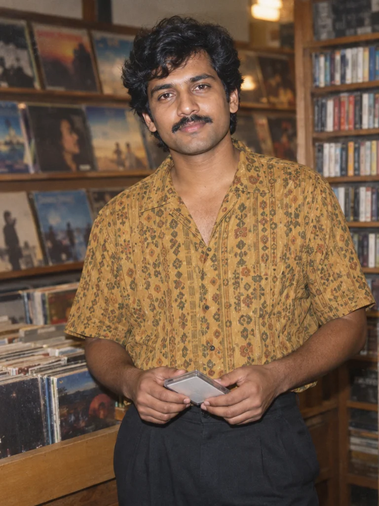 A patterned shirt and a record-store afternoon with nothing on shuffle.