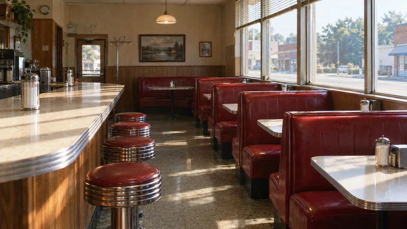 Chrome stools, cherry-red booths and morning light on a quiet diner.