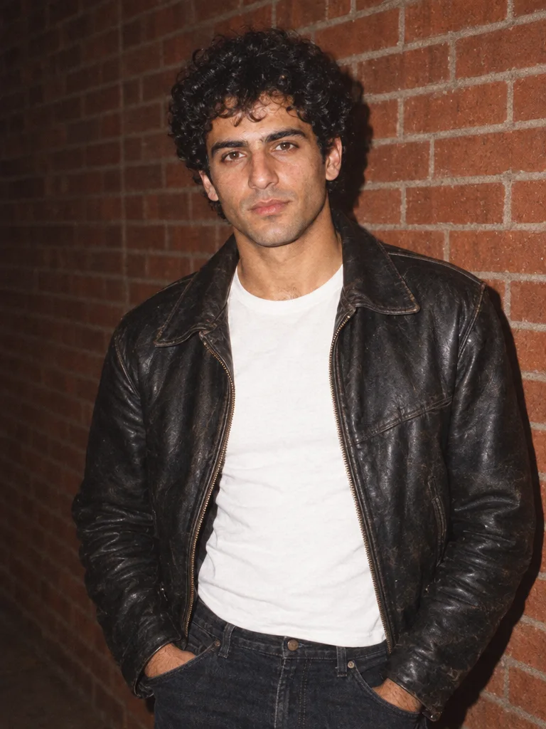 A worn leather jacket and direct flash against a late-night brick wall.