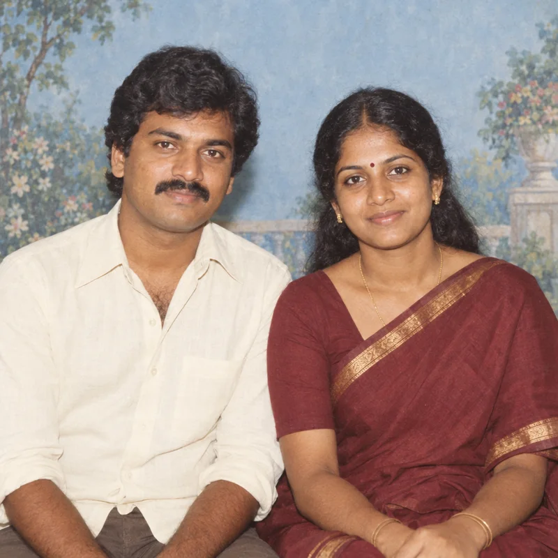 An Indian studio portrait, a painted backdrop and two easy smiles.