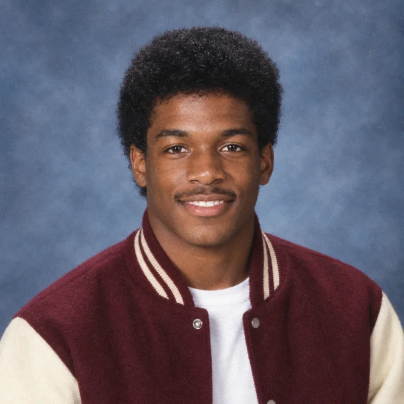 An easy smile, a varsity jacket and an old-school yearbook backdrop.